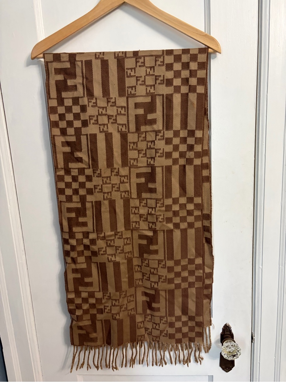 Fendi Brown and Tan Monogram Checkerboard Wool Scarf